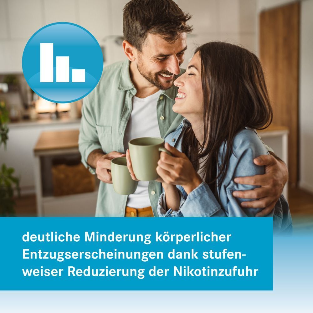 Paar umarmt sich. Blauer Hintergrund mit Text: deutliche Minderung körperlicher Entzugserscheinungen dank stufenweiser Reduzierung.