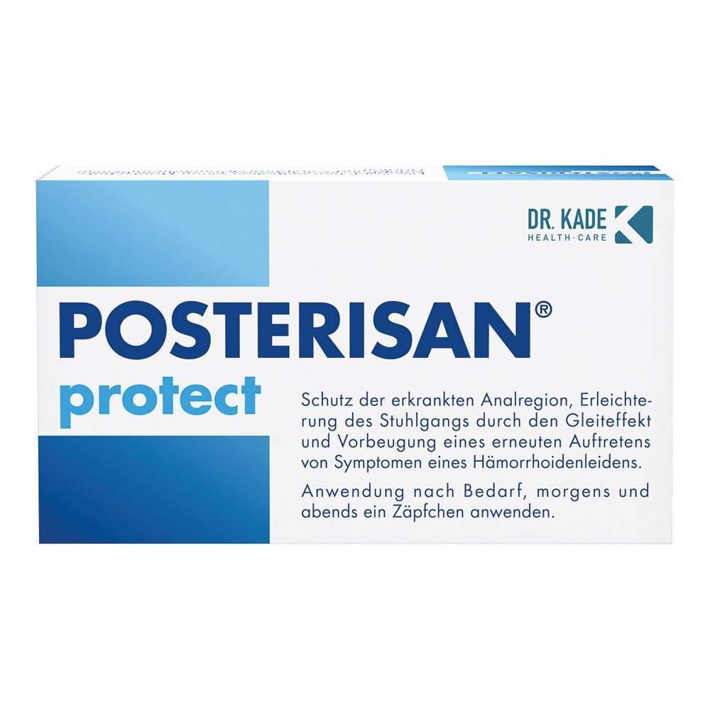 Weiße Schachtel mit blauer Ecke. Aufschrift: POSTERISAN protect. Logo: DR. KADE HEALTH-CARE.