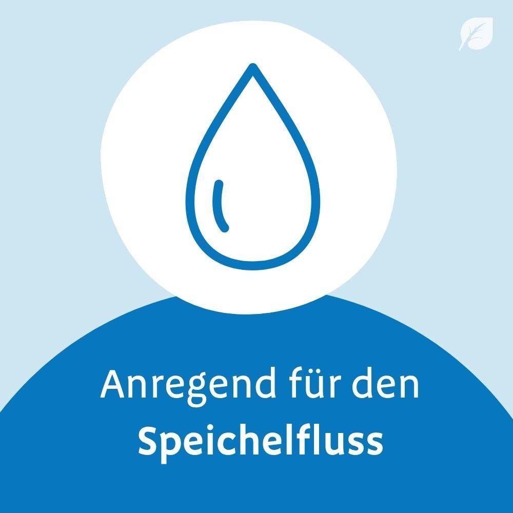 Tropfen-Symbol. Aufschrift: Anregend für den Speichelfluss.