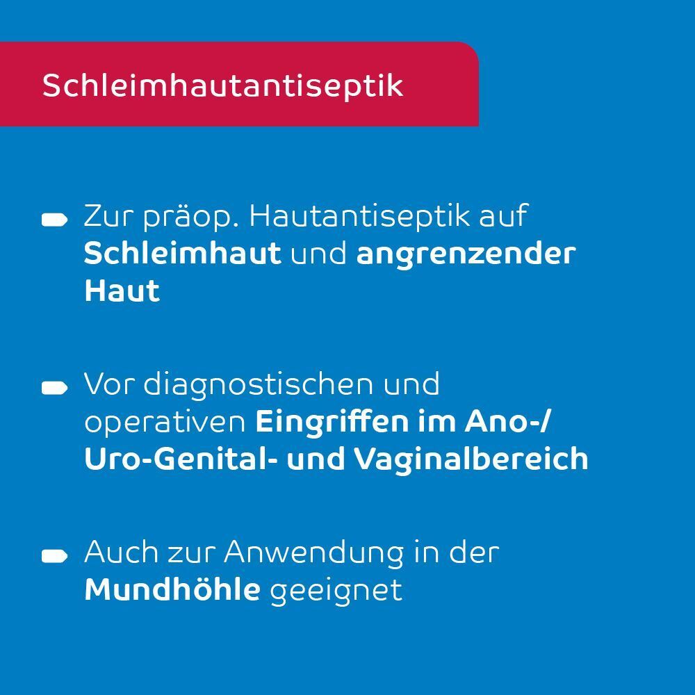 Text: Schleimhautantiseptik. Aufzählungspunkte: Präop. Hautantiseptik, vor diagnostischen Eingriffen, Anwendung in der Mundhöhle.