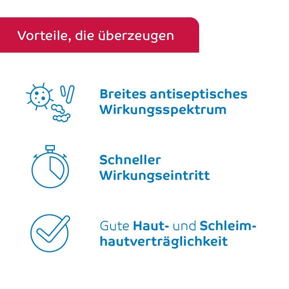 Text: Vorteile, die überzeugen. Aufzählungspunkte: Breites antiseptisches Wirkungsspektrum, schneller Wirkungseintritt, gute Hautverträglichkeit.