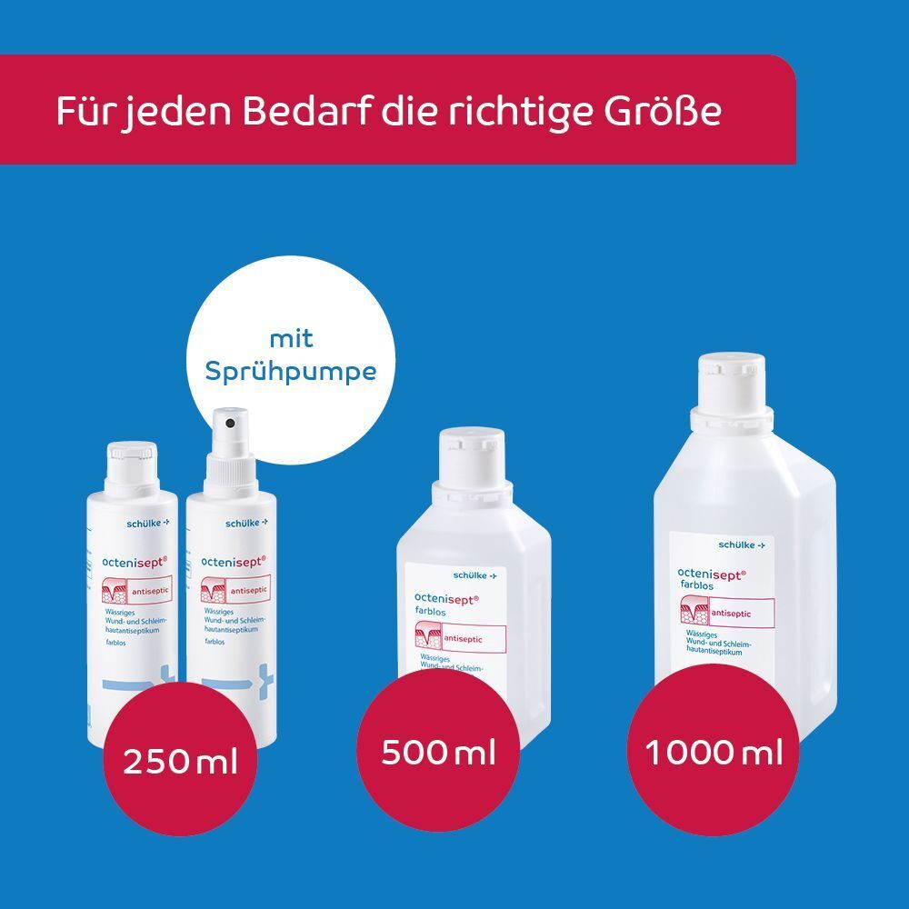 Verschiedene Größen von octenisept®: 250 ml, 500 ml und 1000 ml. Mit Sprühpumpe.