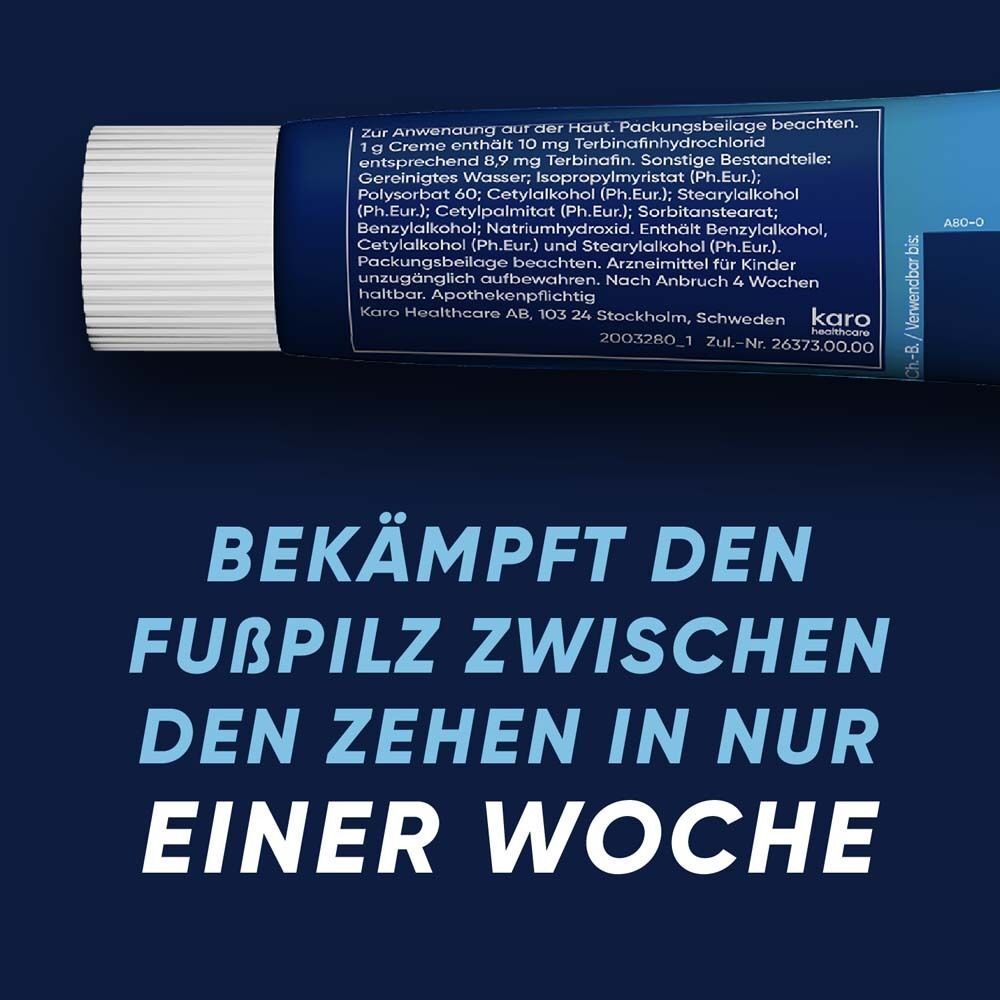 Nahaufnahme der Tube. Text: Inhaltsstoffe, Anwendungshinweise. Blauer Hintergrund mit weißer Schrift.