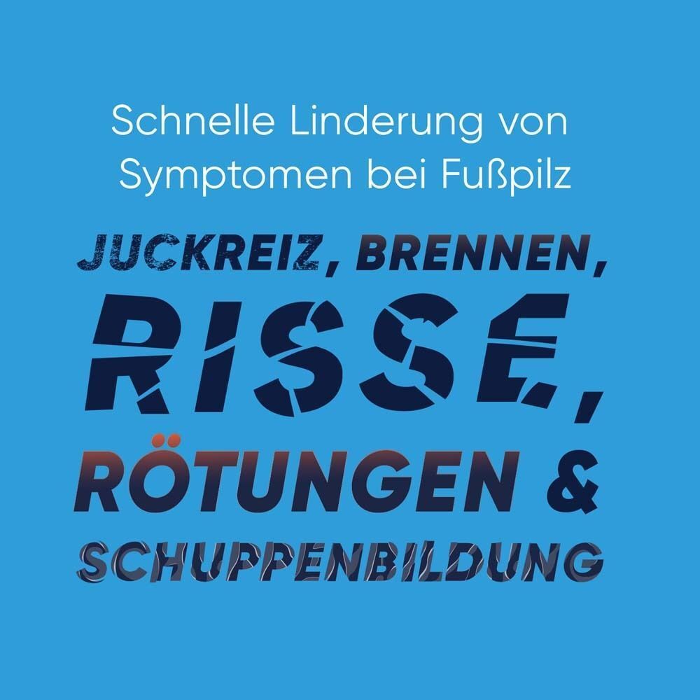 Text auf blauem Hintergrund: Lindert Symptome wie Juckreiz, Brennen, Risse, Rötungen und Schuppenbildung.