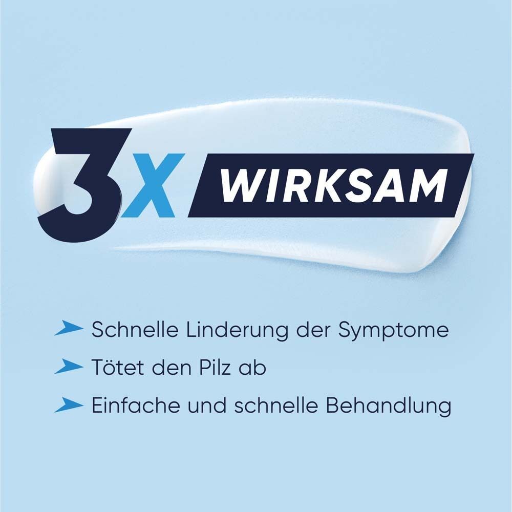 Text auf blauem Hintergrund: 3x wirksam. Schnelle Linderung der Symptome. Tötet den Pilz ab. Einfache Behandlung.