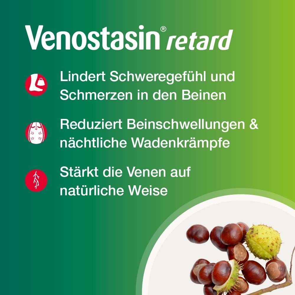 Text: Venostasin retard. Lindert Schweregefühl und Schmerzen in den Beinen. Reduziert Beinschwellungen & nächtliche Wadenkrämpfe. Stärkt Venen.