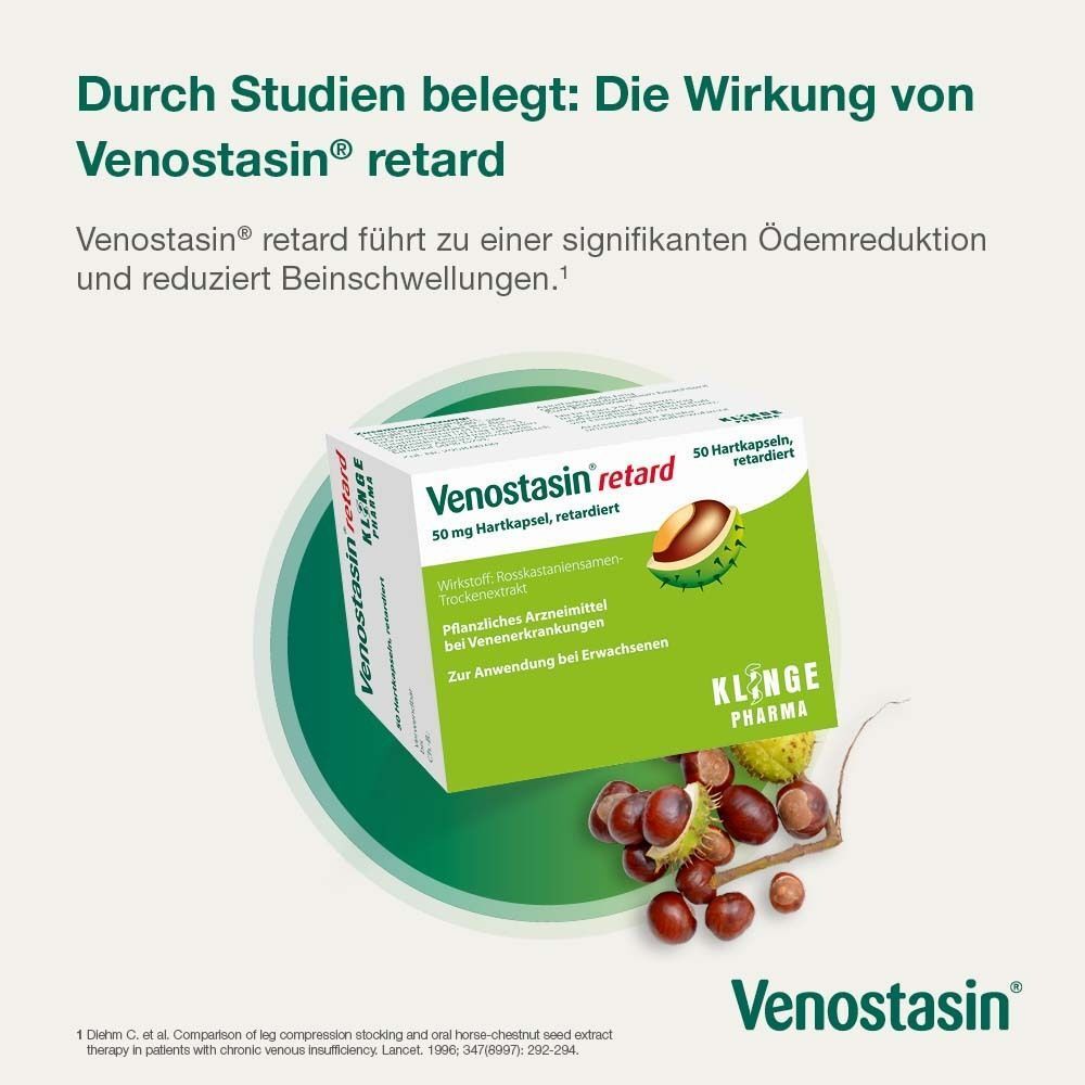 Packung Venostasin retard. Text: Die Wirkung von Venostasin retard. 50 mg Hartkapseln. Klinge Pharma. Kastanien. Für Erwachsene.