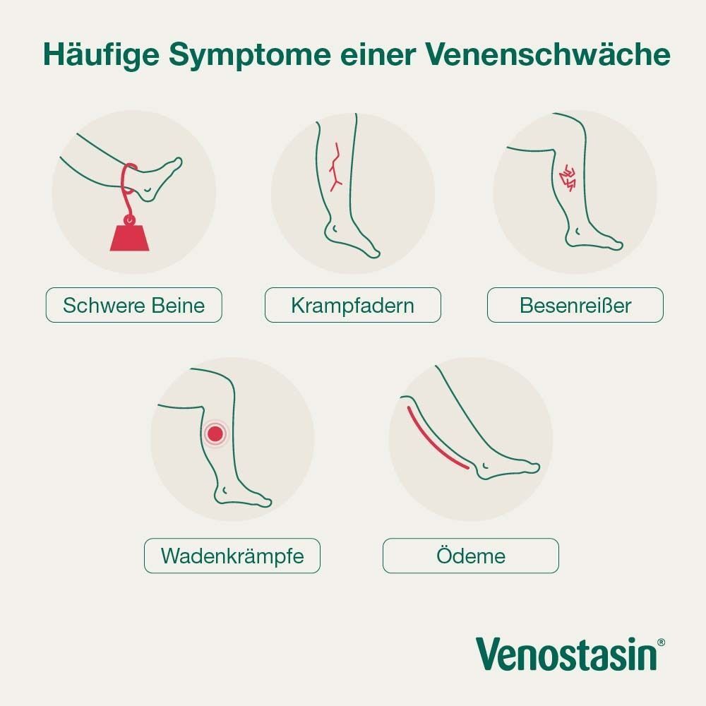 Grafik: Häufige Symptome einer Venenschwäche. Schwere Beine, Krampfadern, Besenreißer, Wadenkrämpfe, Ödeme. Venostasin.
