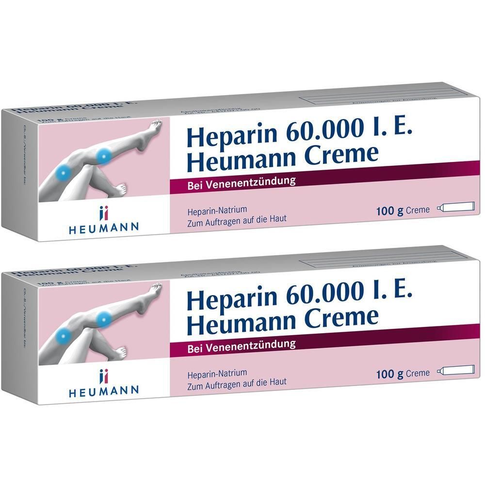 Zwei Schachteln Heparin 60.000 I.E. Heumann Creme. Aufschrift: Bei Venenentzündung. Marke: HEUMANN. 100 g Creme.