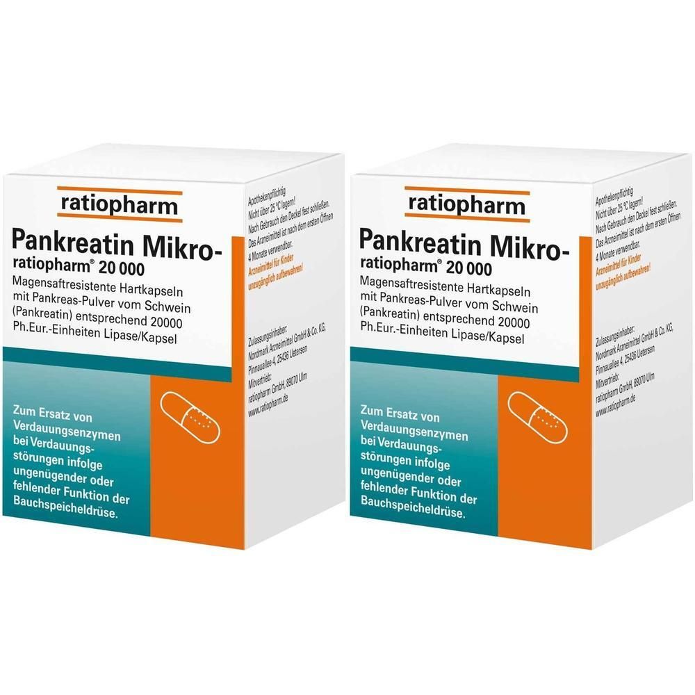 Zwei Packungen Pankreatin Mikro-ratiopharm 20000. Weiße Schachteln mit blauen und orangen Akzenten. Text: Magensaftresistente Hartkapseln.