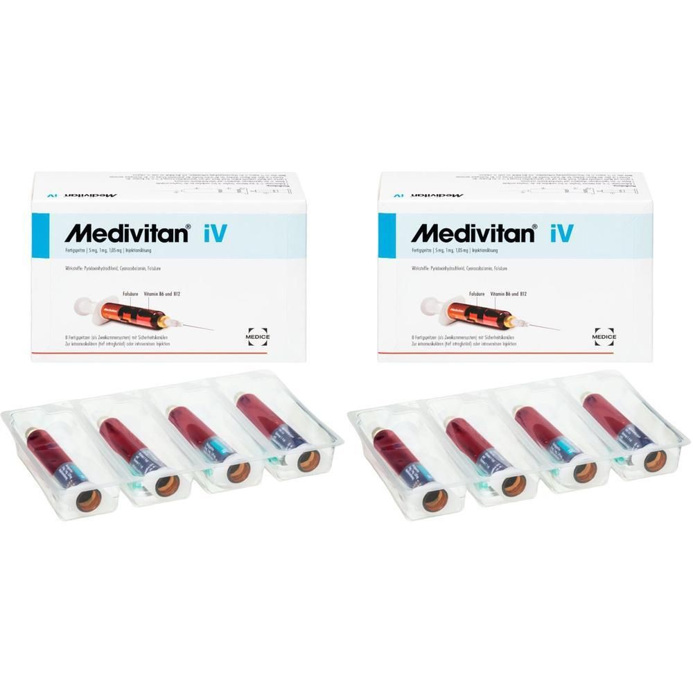 Zwei Packungen Medivitan iV mit je 8 Fertigspritzen. Darunter 2 Blister mit je 4 Spritzen. Rote Flüssigkeit in transparenten Behältern.