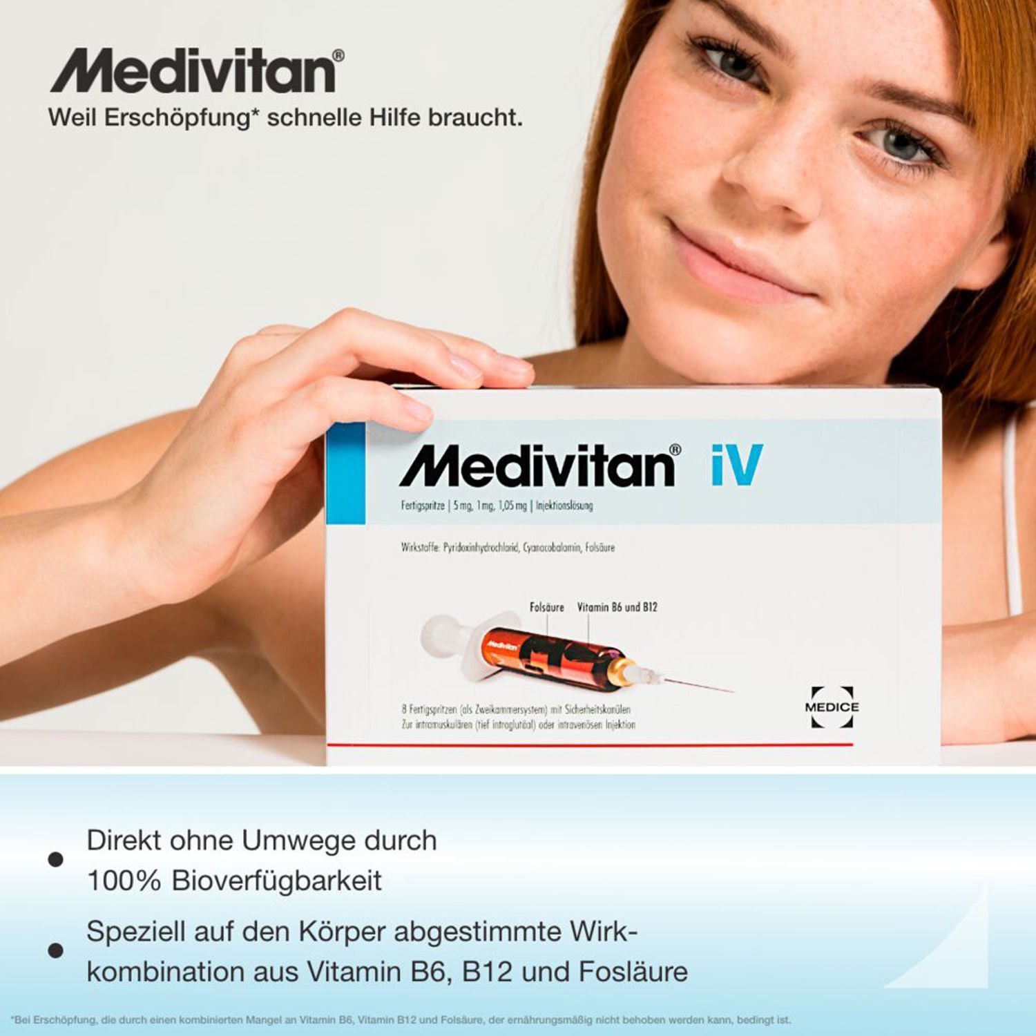 Frau hält eine Packung Medivitan iV. Auf der Packung steht der Produktname und Informationen. Text: Direkte Wirkung, 100% Bioverfügbarkeit, Wirkstoffkombination.