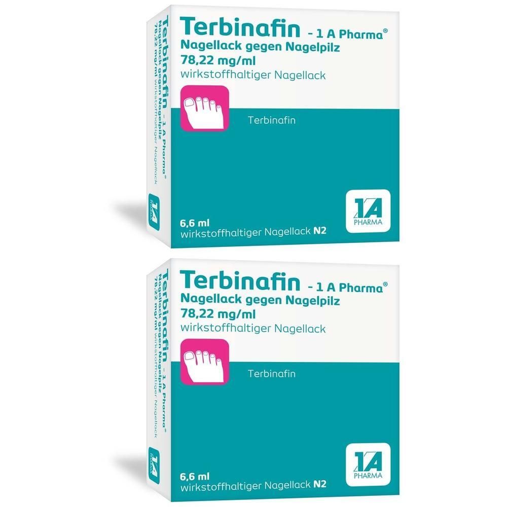 Zwei Packungen Terbinafin - 1 A Pharma® Nagellack gegen Nagelpilz. Weiße und türkise Verpackung mit Produktinformationen.
