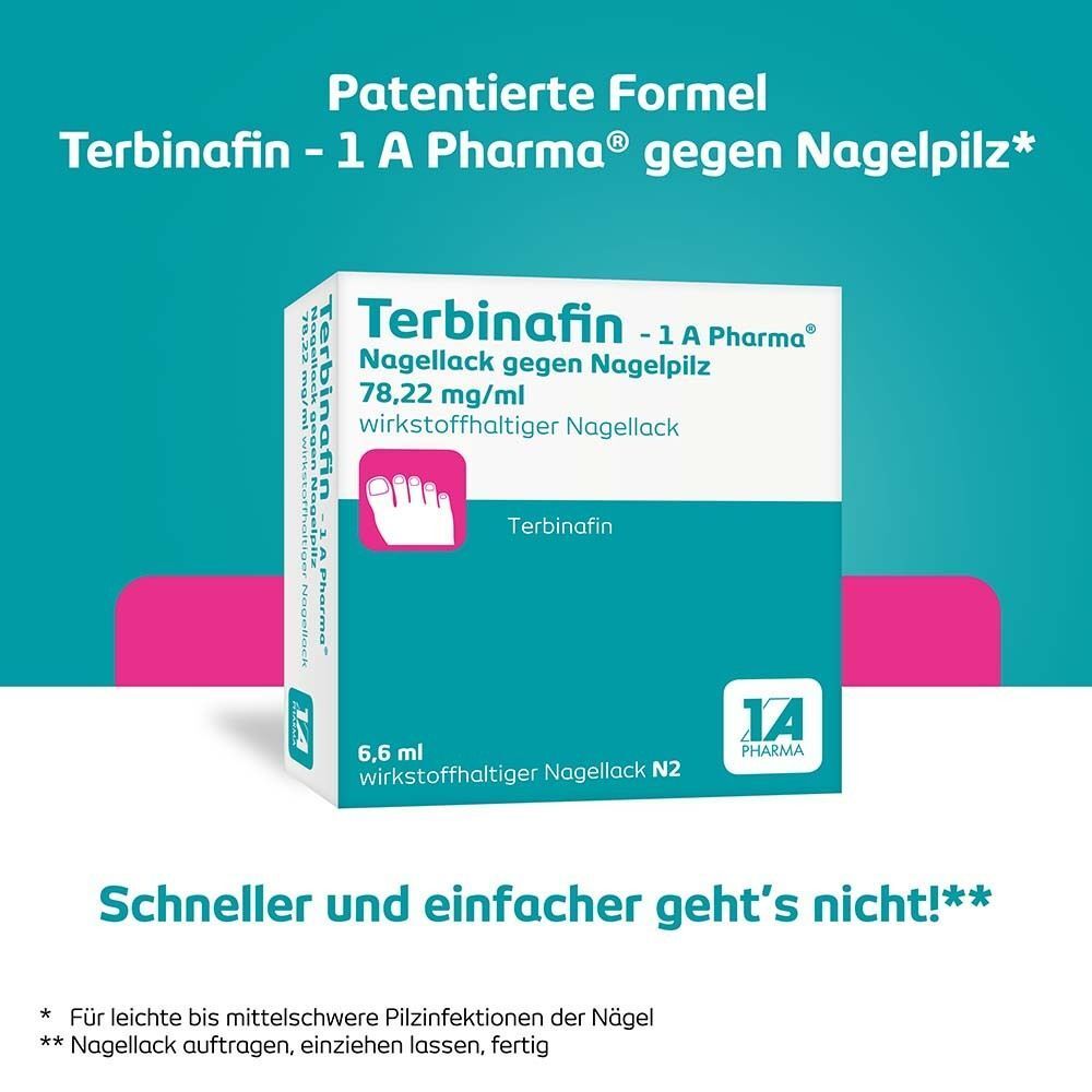 Verpackung Terbinafin - 1 A Pharma® Nagellack gegen Nagelpilz. Türkis-weißes Design mit Produktinformationen und Logo.