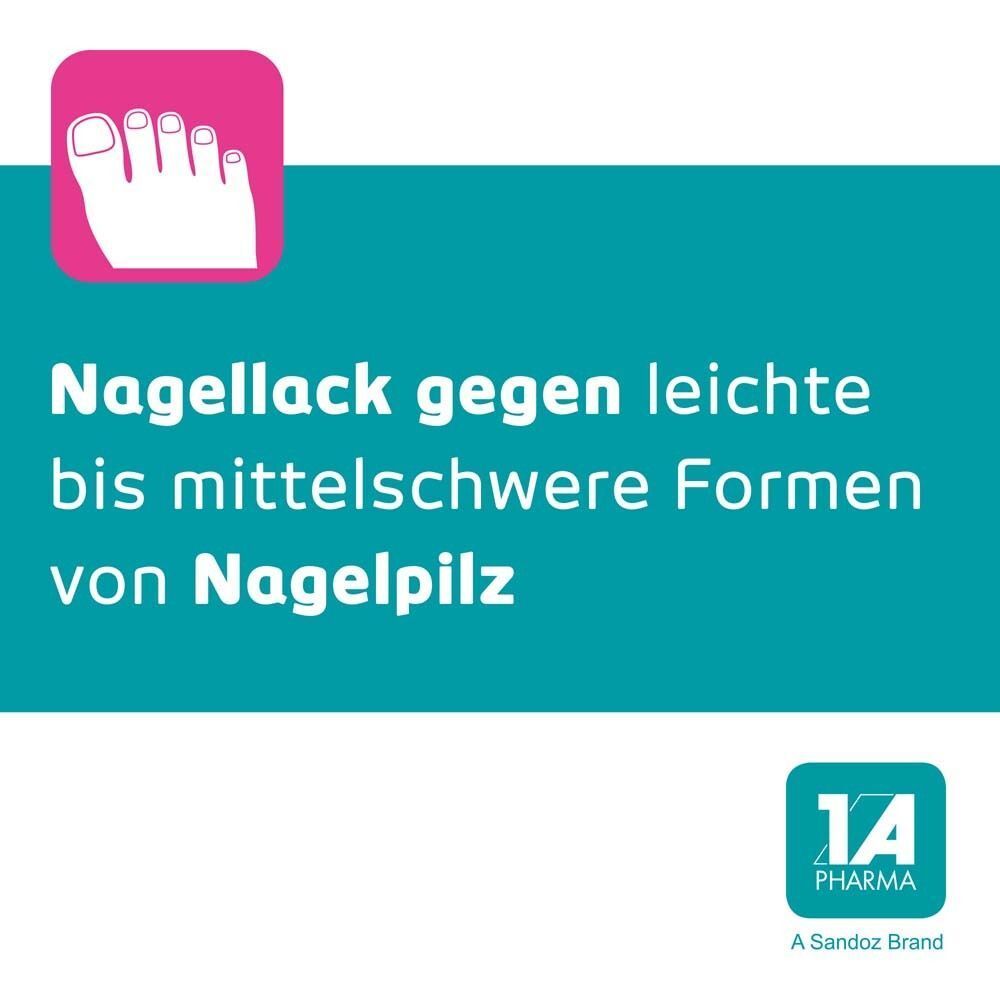 Piktogramm mit Fuß und Nagel. Text: Nagellack gegen leichte bis mittelschwere Formen von Nagelpilz. Türkis-weißes Design.