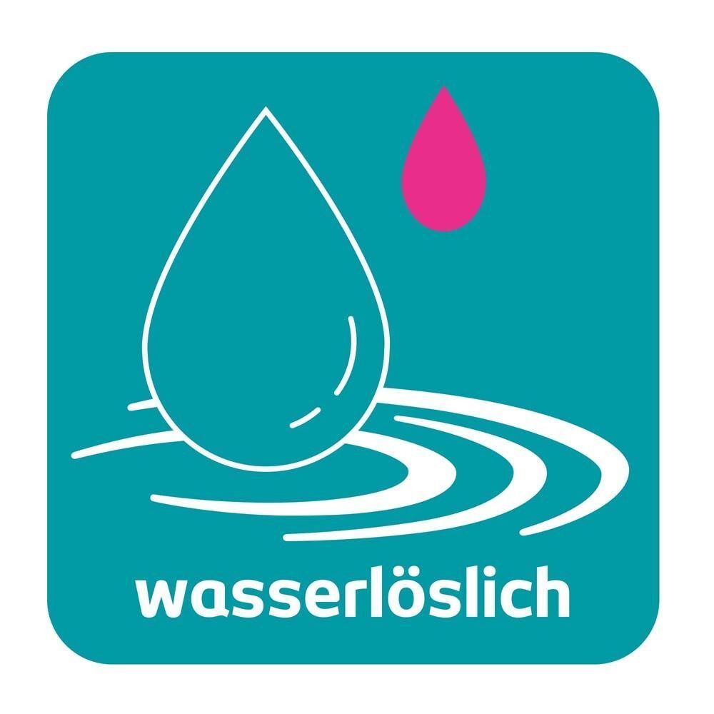 Piktogramm: Wassertropfen. Text: wasserlöslich. Türkis-weißes Design.