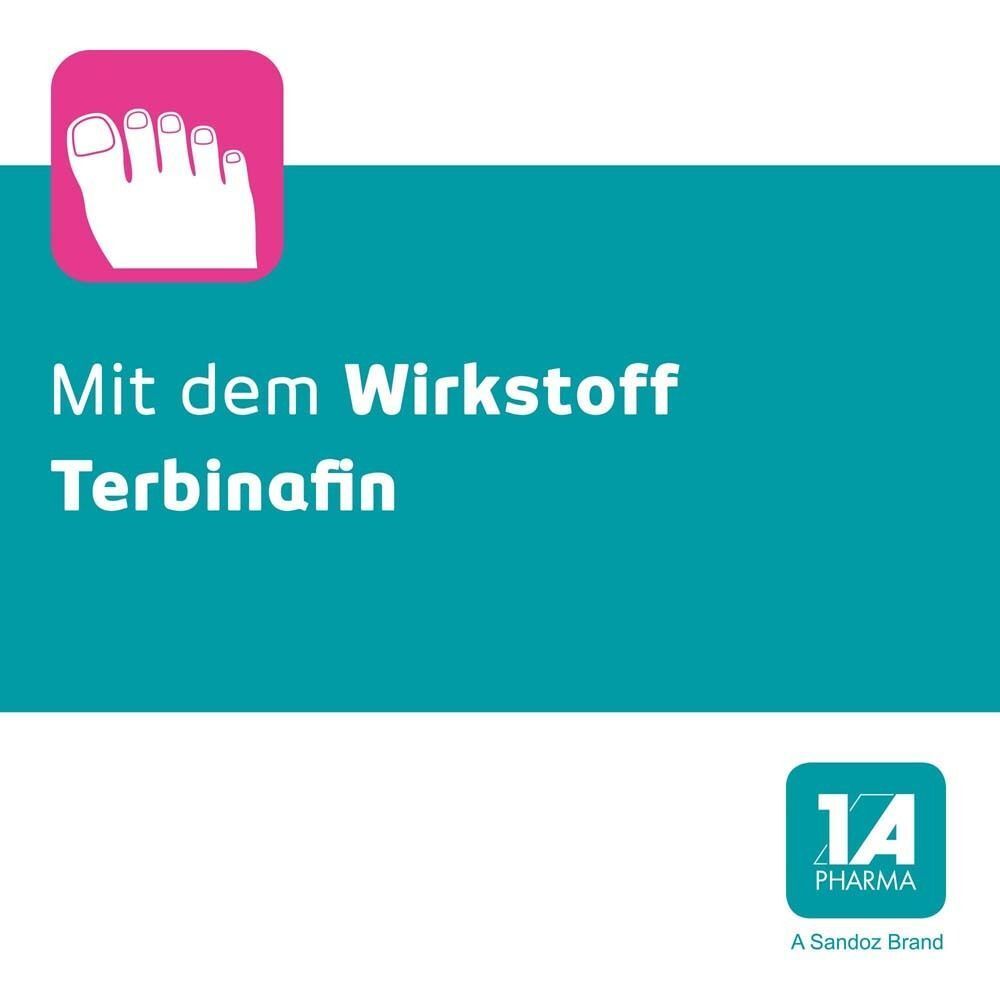 Piktogramm mit Fuß und Nagel. Text: Mit dem Wirkstoff Terbinafin. Türkis-weißes Design.