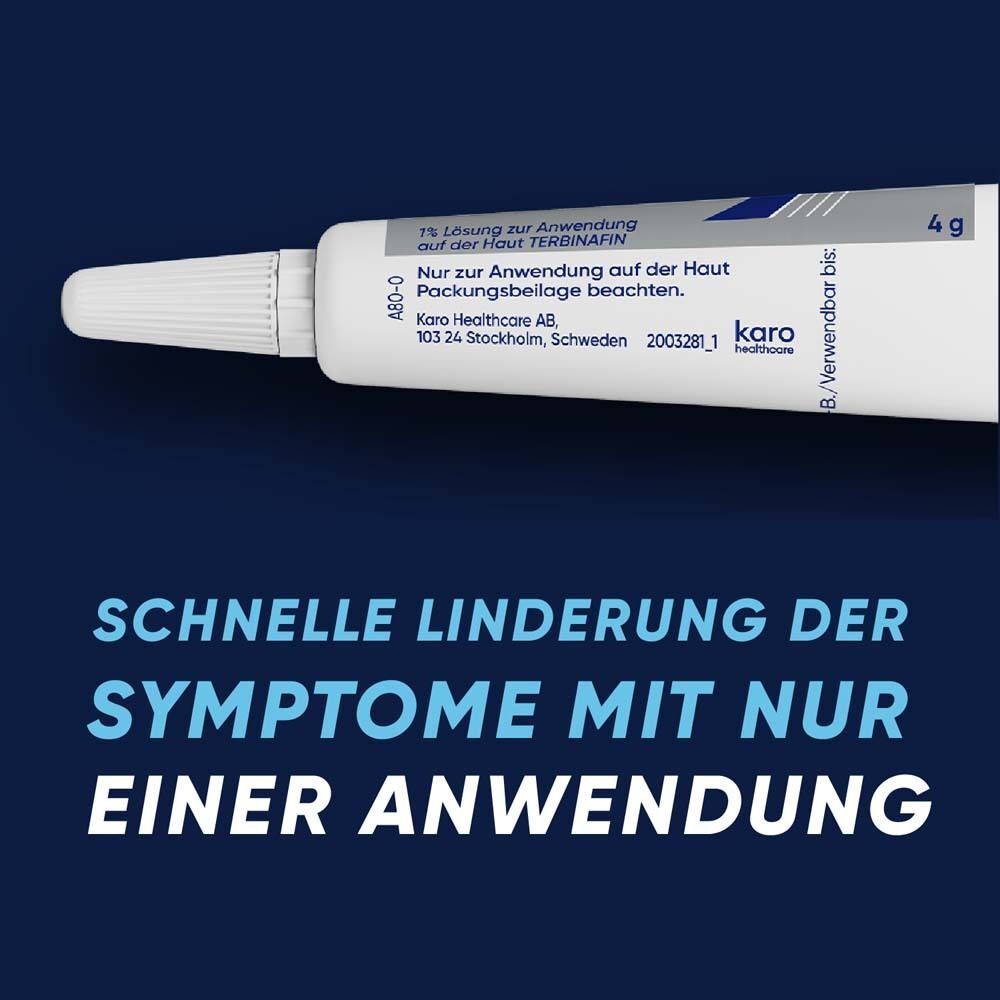 Nahaufnahme einer Tube. Text: 1% Lösung zur Anwendung auf der Haut Terbinafin. 4g. Karo Healthcare AB.