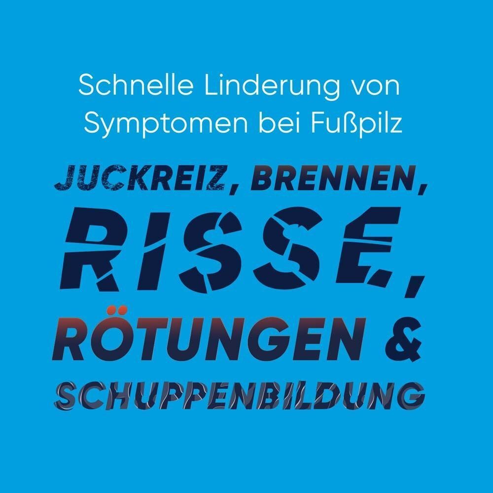 Text auf blauem Hintergrund: Schnelle Linderung von Symptomen bei Fußpilz. Juckreiz, Brennen, Risse, Rötungen & Schuppenbildung.