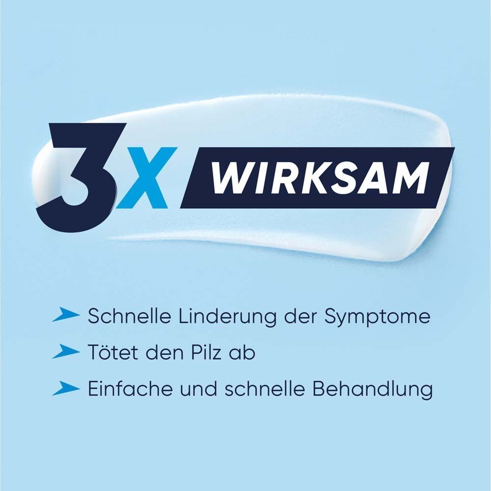 Text auf blauem Hintergrund: 3x wirksam. Schnelle Linderung der Symptome. Tötet den Pilz ab. Einfache und schnelle Behandlung.