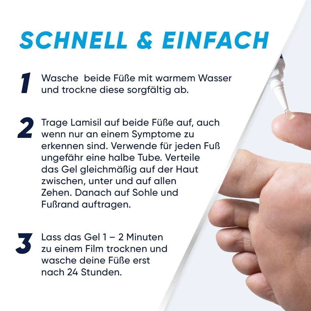 Anleitung: Füße waschen, trocknen. Lamisil auftragen. Gel trocknen lassen. Text: Schnell & Einfach.