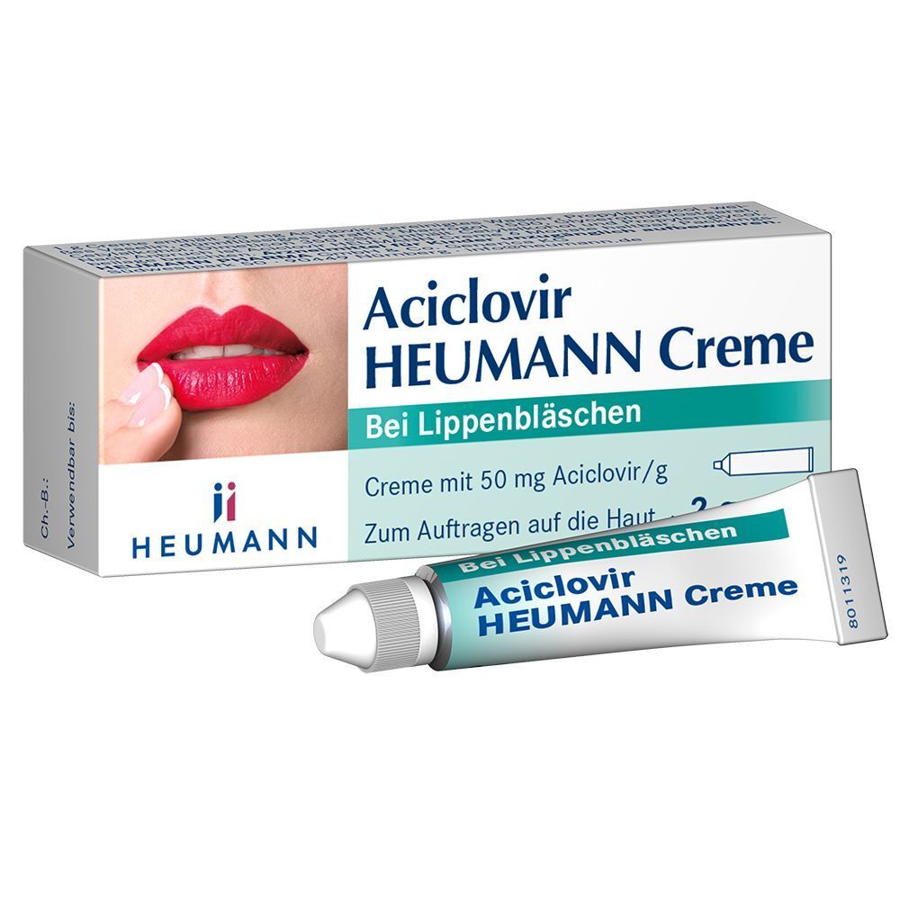 Aciclovir Heumann Creme Packung und Tube. Aufdruck: Bei Lippenbläschen. Heumann Logo. Tube neben Schachtel.