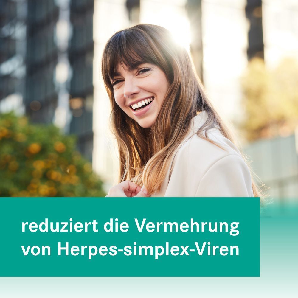 Text auf grünem Balken: reduziert die Vermehrung von Herpes-simplex-Viren.