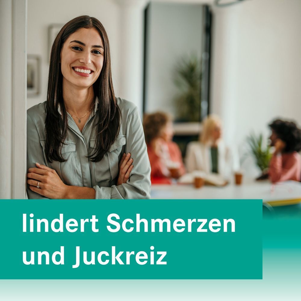 Text auf grünem Balken: lindert Schmerzen und Juckreiz.