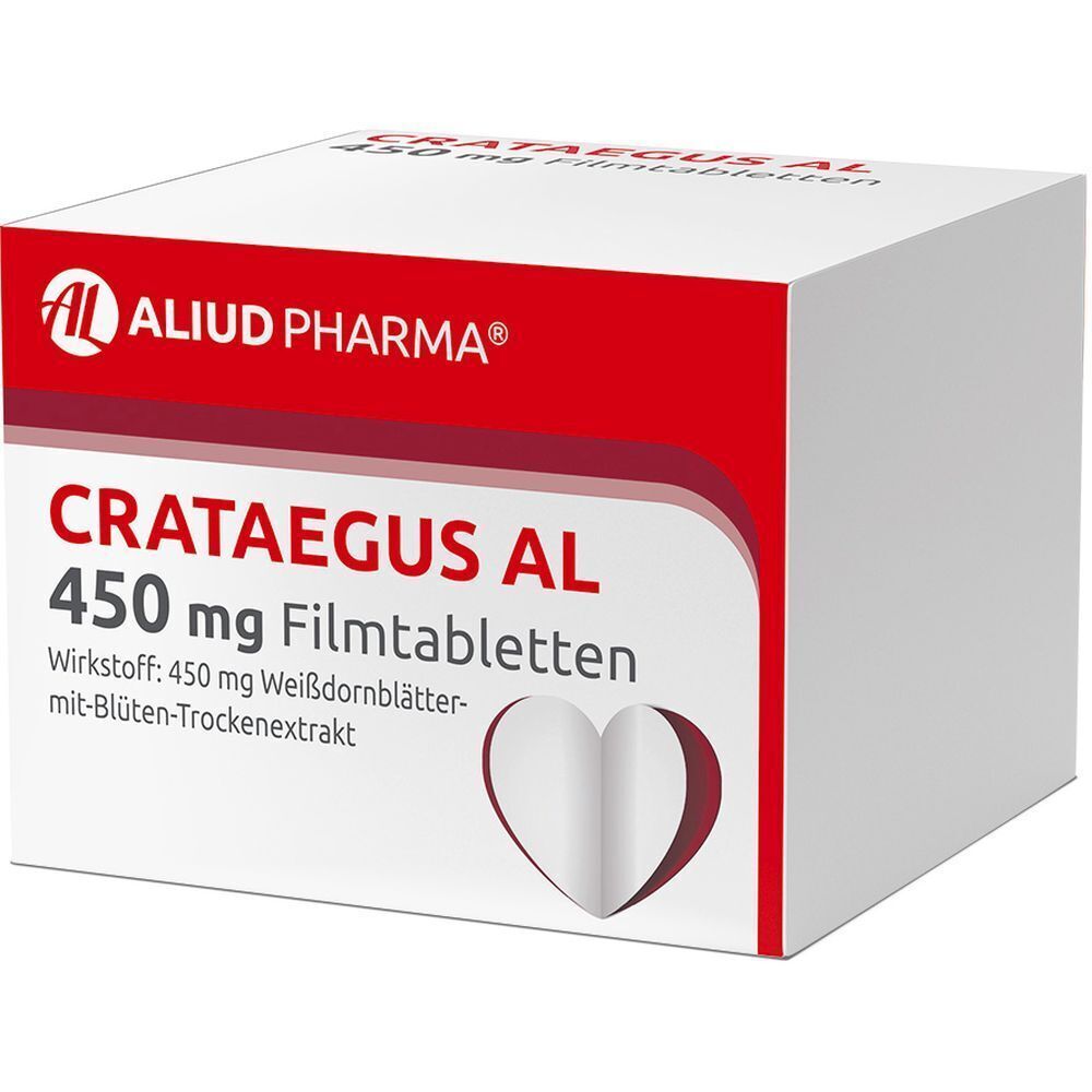 Weiße Schachtel mit roter Schrift. Aufschrift: CRATAEGUS AL 450 mg Filmtabletten. Marke: AL, Aliud Pharma. Herz-Symbol.