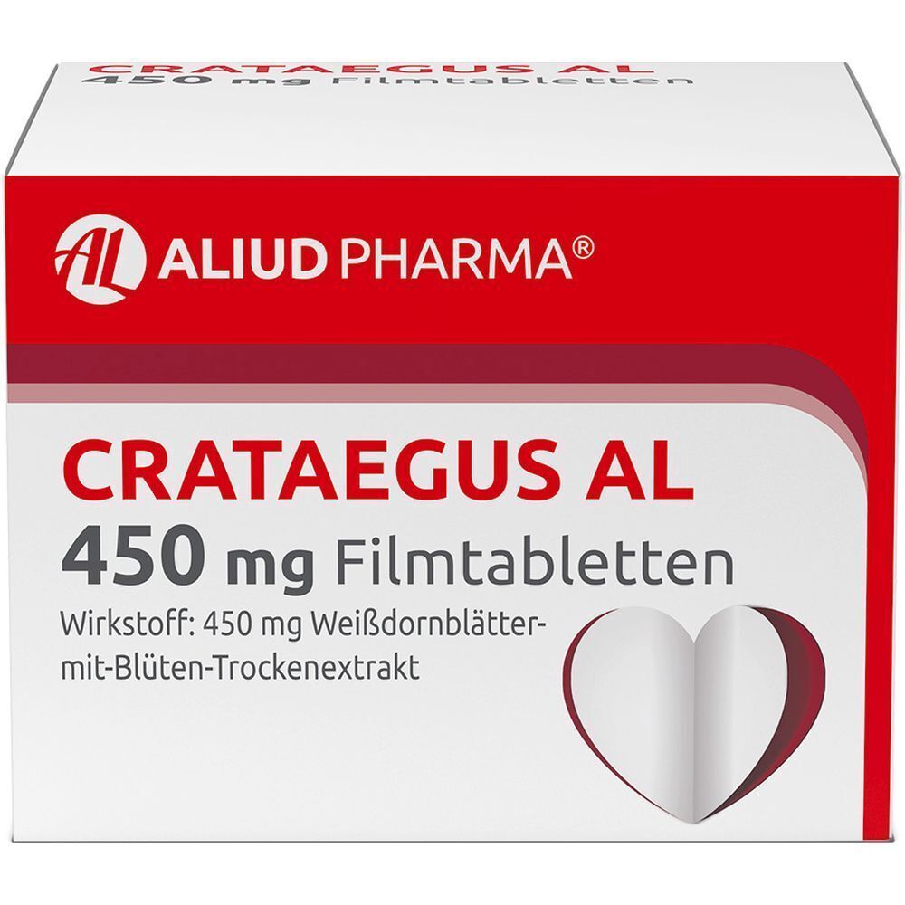 Weiße Schachtel mit roter Schrift. Aufschrift: CRATAEGUS AL 450 mg Filmtabletten. Marke: AL, Aliud Pharma. Herz-Symbol.