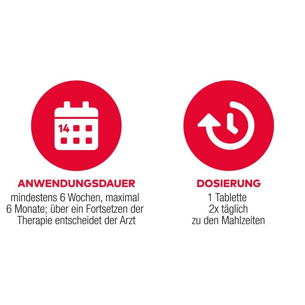 Zwei rote Kreise mit weißen Symbolen und Text. Anwendungsdauer: mindestens 6 Wochen. Dosierung: 1 Tablette 2x täglich.