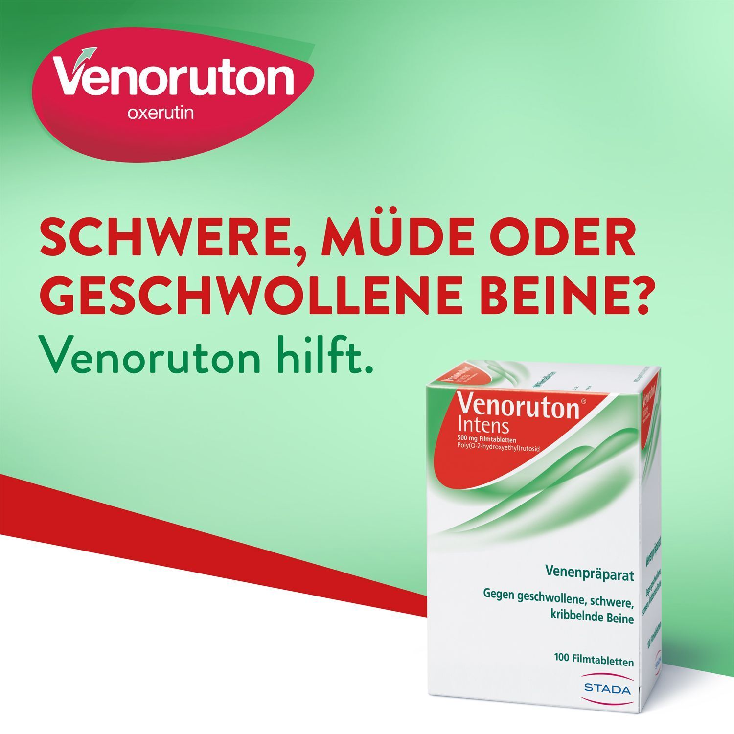 Venoruton Intens Packung. Text: Schwere, müde oder geschwollene Beine? Venoruton hilft. Mit 100 Filmtabletten.