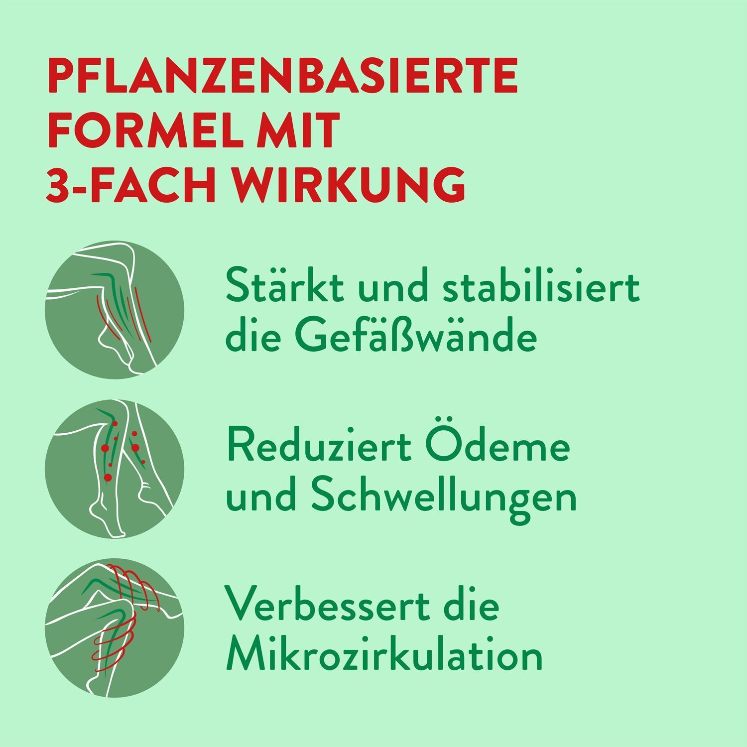 Pflanzenbasierte Formel mit 3-fach Wirkung. Grafiken: Gefäßwände stärken, Ödeme reduzieren, Mikrozirkulation verbessern.