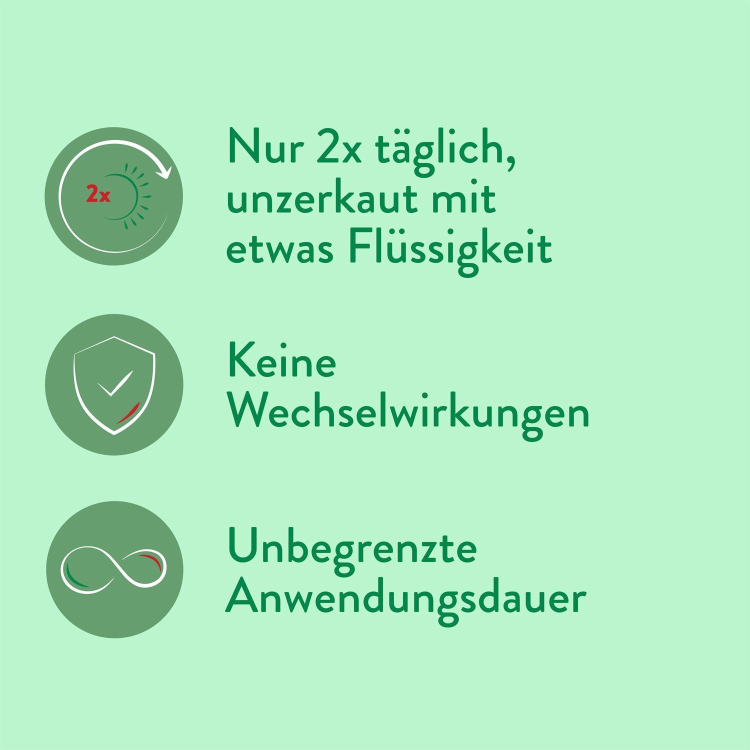 Nur 2x täglich, unzerkaut mit Flüssigkeit. Keine Wechselwirkungen. Unbegrenzte Anwendungsdauer. Grafiken.