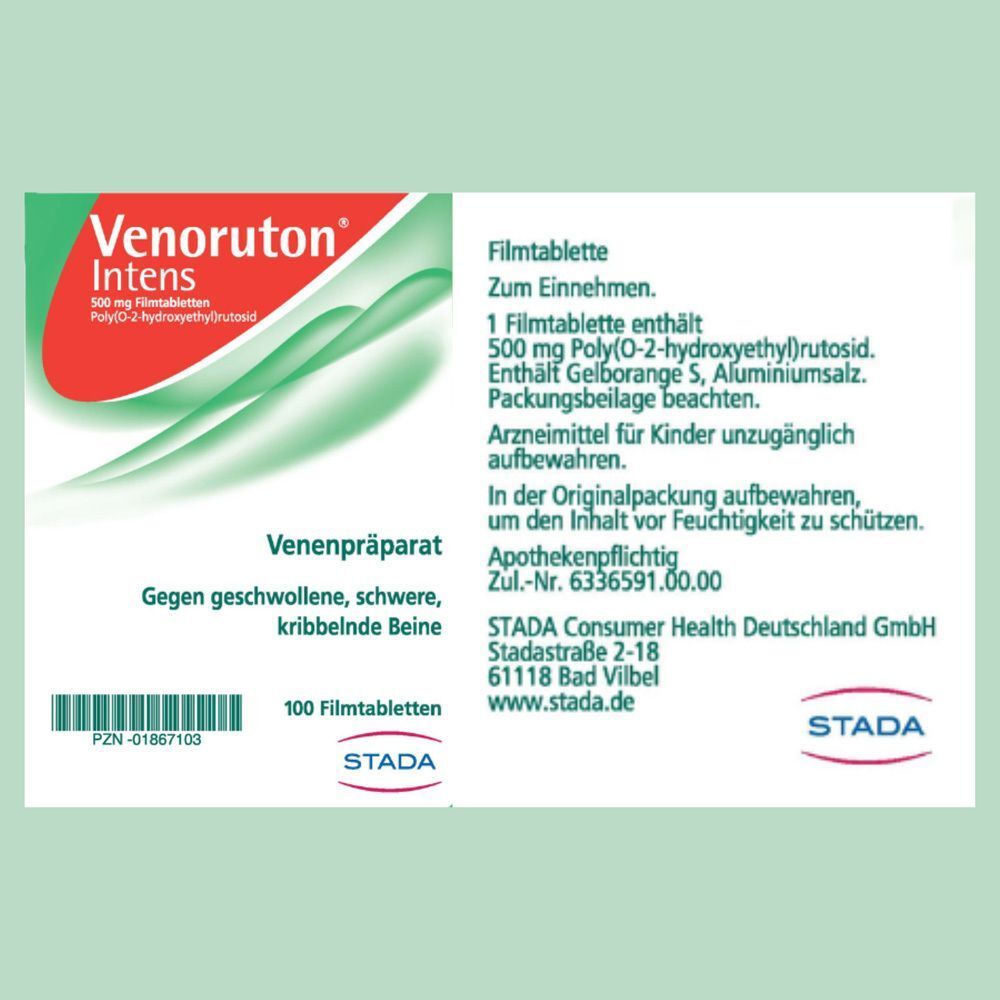 Rückseite der Venoruton Intens Packung. Enthält Informationen zu Inhaltsstoffen, Anwendung und Hersteller.