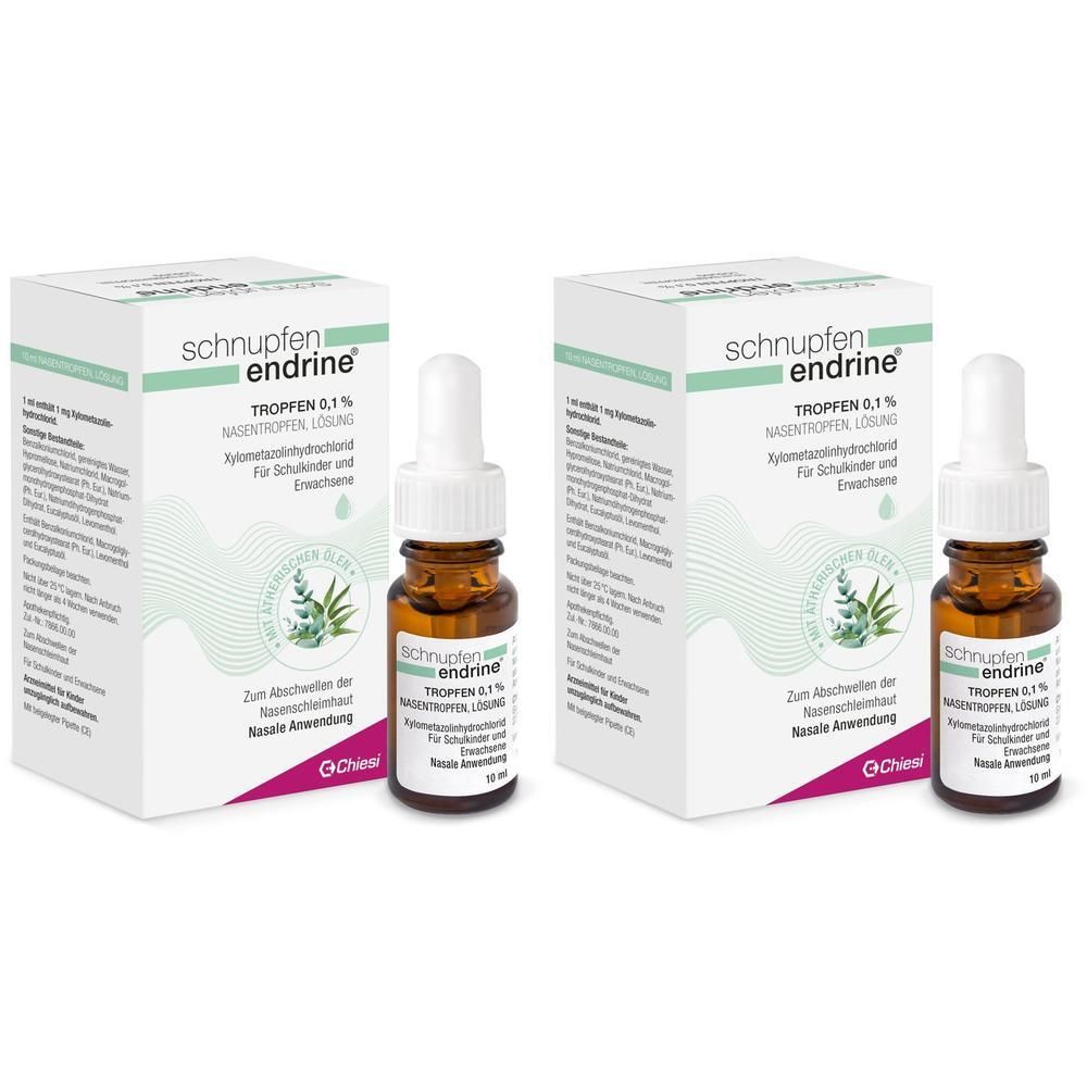 Zwei Packungen und Flaschen von schnupfen endrine®. Braune Flaschen mit Tropfer und weiße Verpackung mit Produktinformationen.