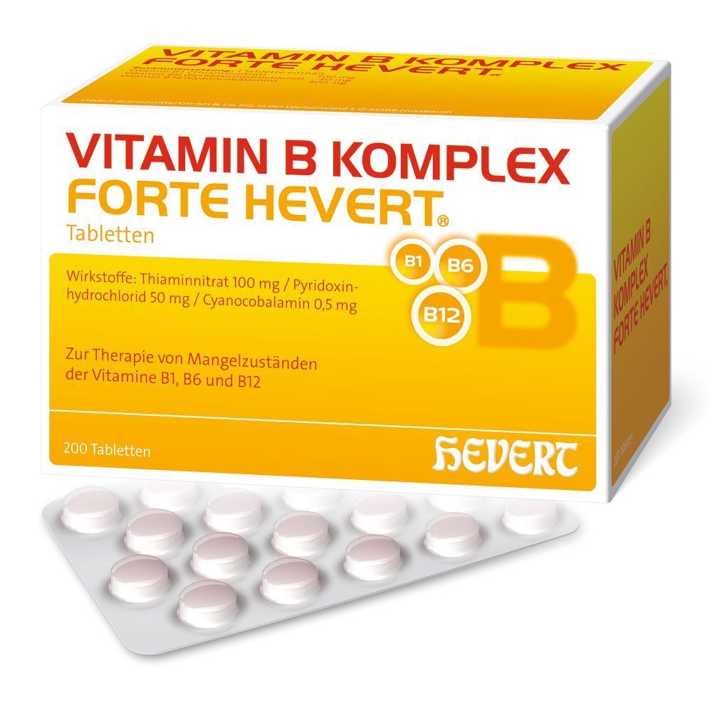 Vitamin B Komplex forte Hevert Packung und Tabletten. Gelbe Schachtel mit Tablettenstreifen. Enthält Vitamin B1, B6, B12.
