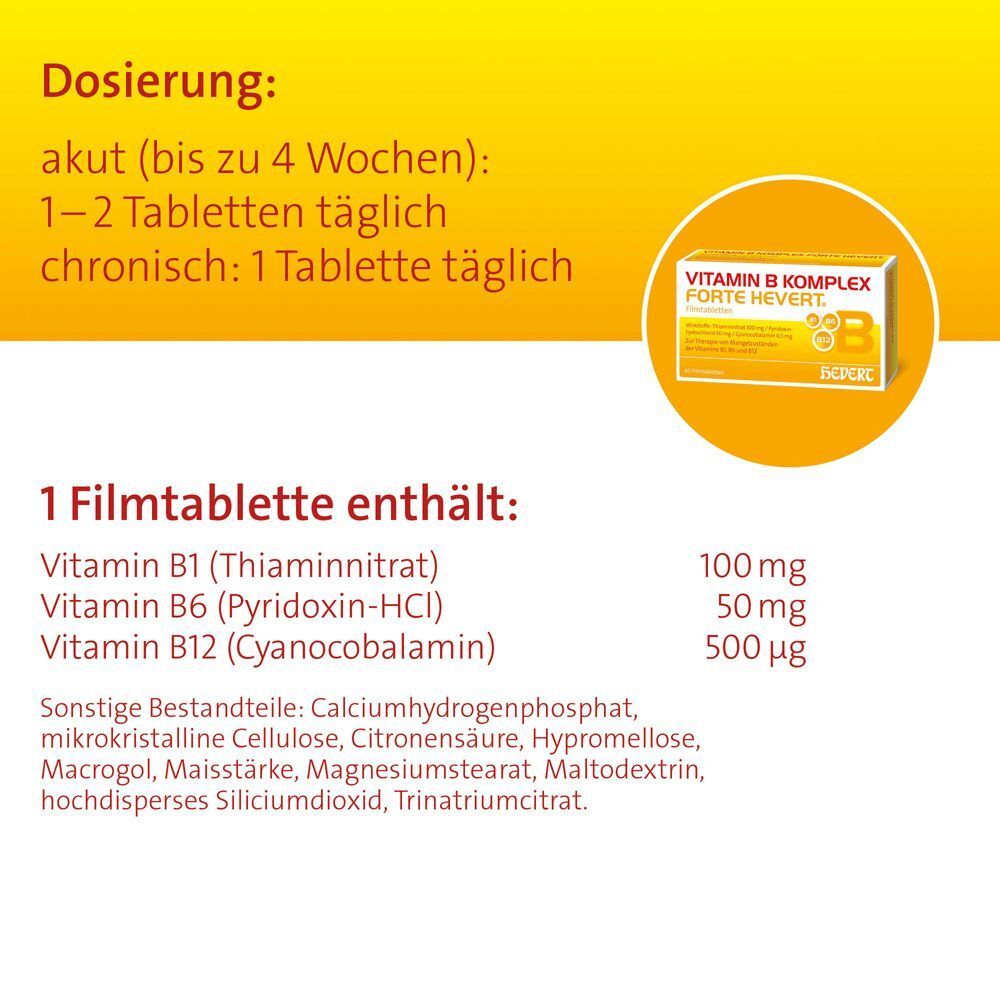 Text über Dosierung und Inhaltsstoffe von Vitamin B Komplex forte Hevert. Enthält Vitamin B1, B6, B12. Gelber Hintergrund.