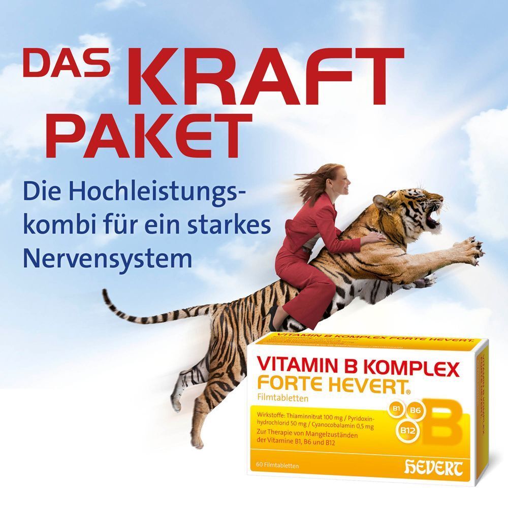 Werbebild mit Vitamin B Komplex forte Hevert. Frau reitet auf Tiger. Blauer Himmel. Produktverpackung unten rechts.
