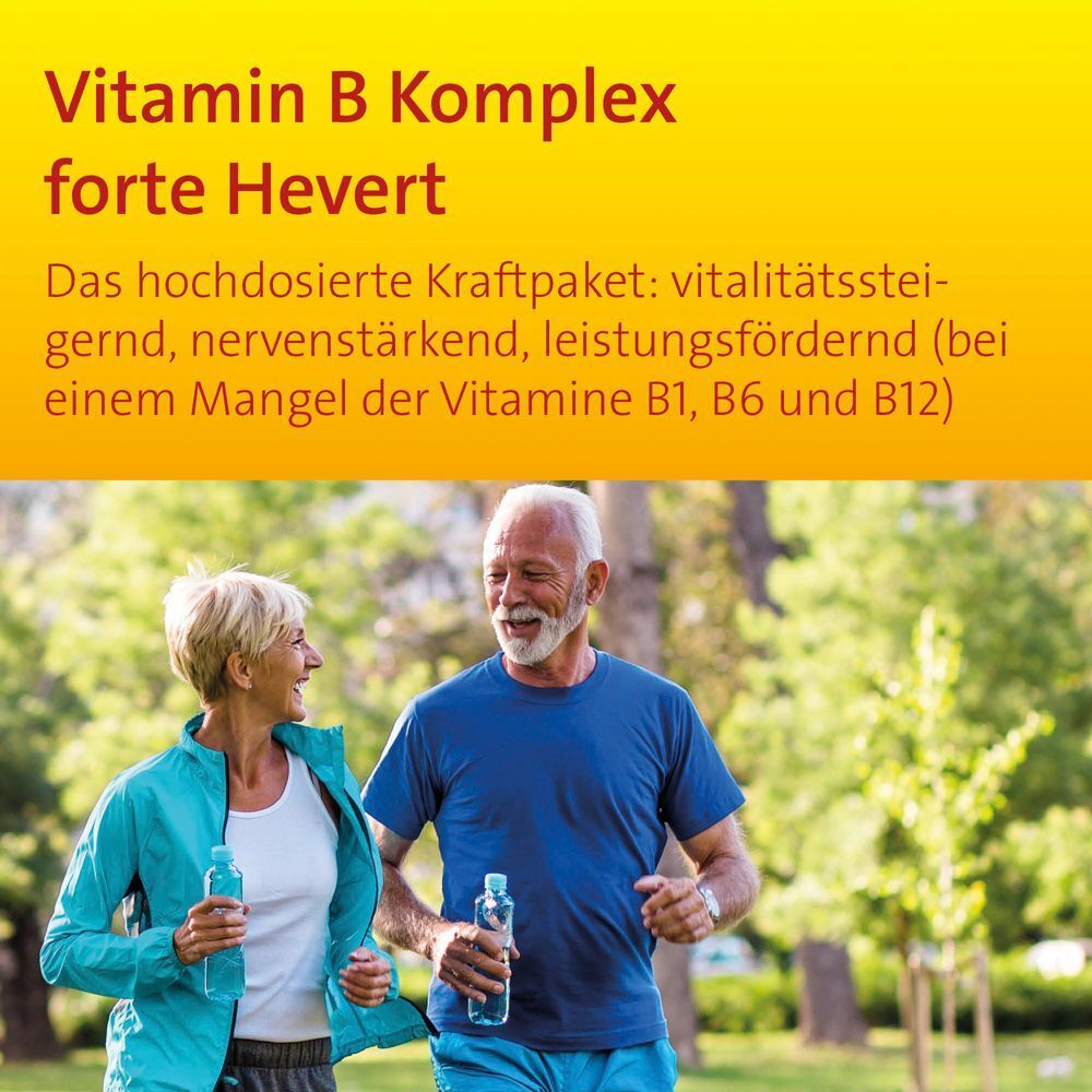 Älteres Ehepaar beim Joggen. Vitamin B Komplex forte Hevert. Gelber Hintergrund. Text über Vorteile des Produkts.
