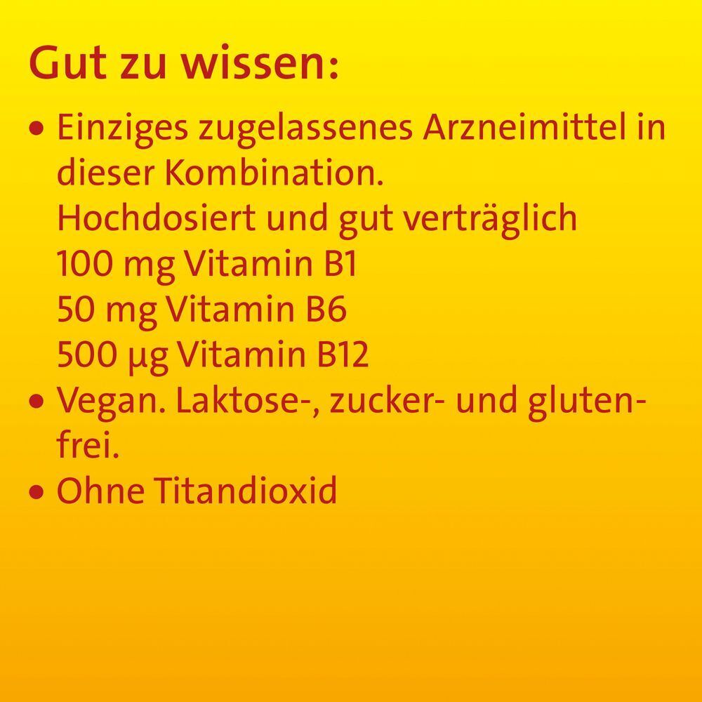 Text über wichtige Informationen zu Vitamin B Komplex forte Hevert. Gelber Hintergrund. Vegan, laktosefrei, zuckerfrei.