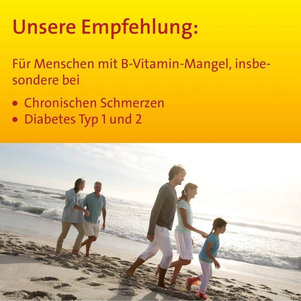 Familie am Strand. Text über Empfehlung von Vitamin B Komplex forte Hevert. Gelber Hintergrund. Bei B-Vitamin-Mangel.