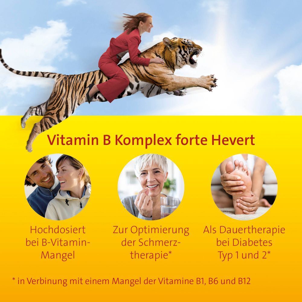 Werbebild mit Vitamin B Komplex forte Hevert. Frau reitet auf Tiger. Gelber Hintergrund. Produktabbildungen und Text.
