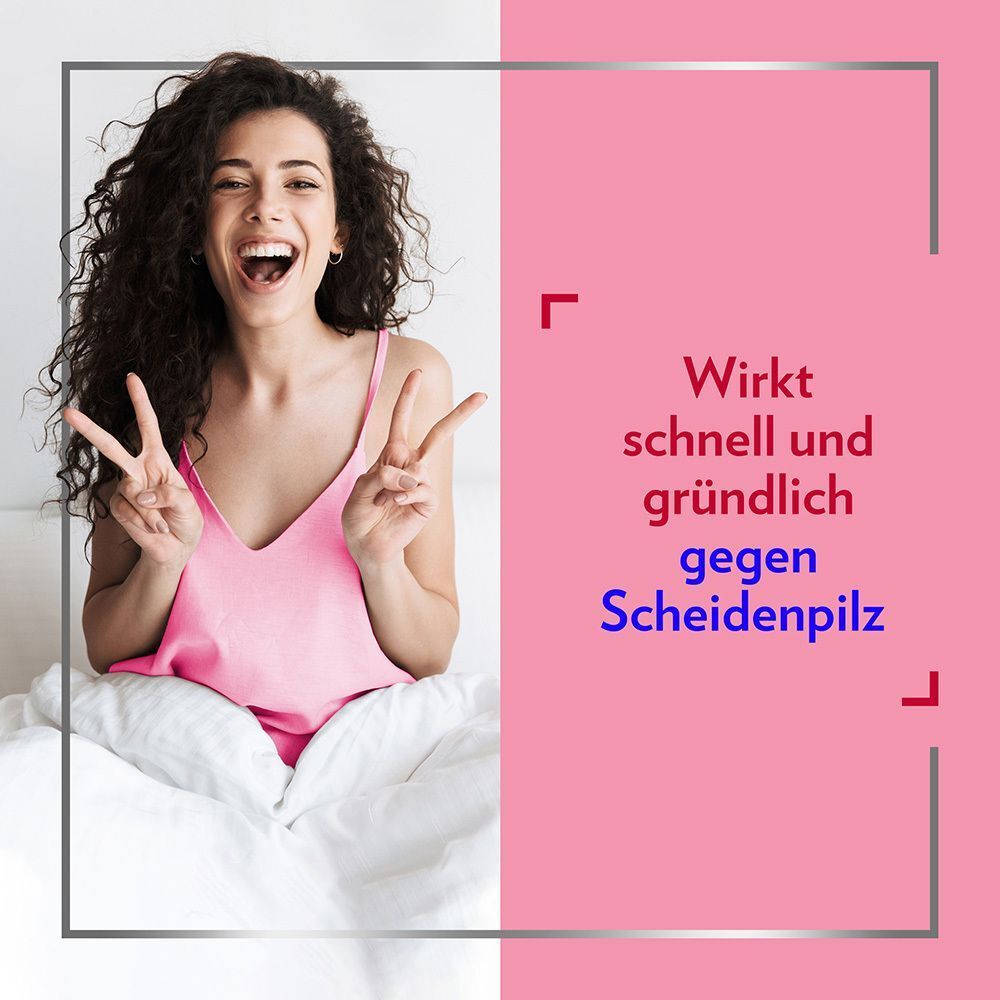 Frau lächelt. Text: Wirkt schnell und gründlich gegen Scheidenpilz.