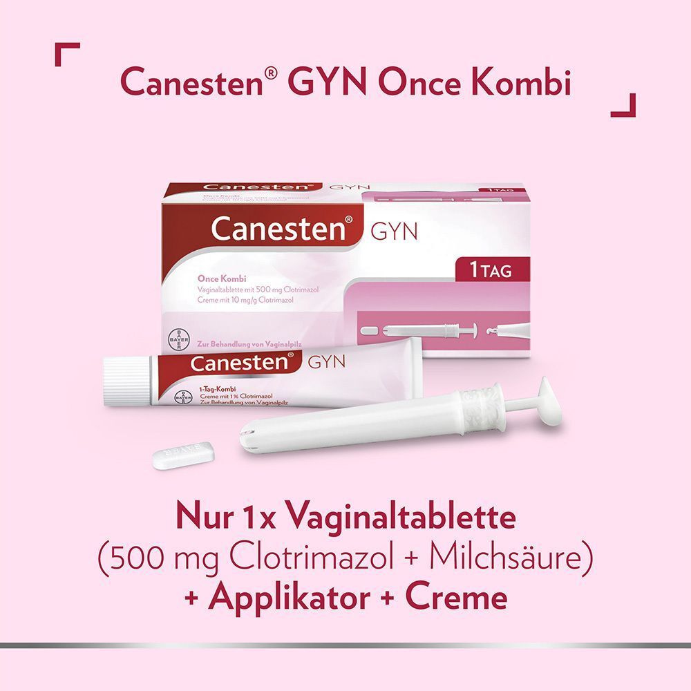 Canesten® GYN Once Kombi. Vaginaltablette, Applikator und Creme. Text: Nur 1x Vaginaltablette + Applikator + Creme.