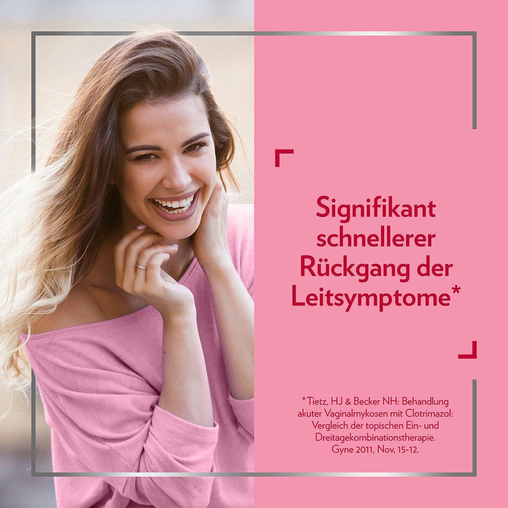 Frau lächelt. Text: Signifikant schnellerer Rückgang der Leitsymptome.