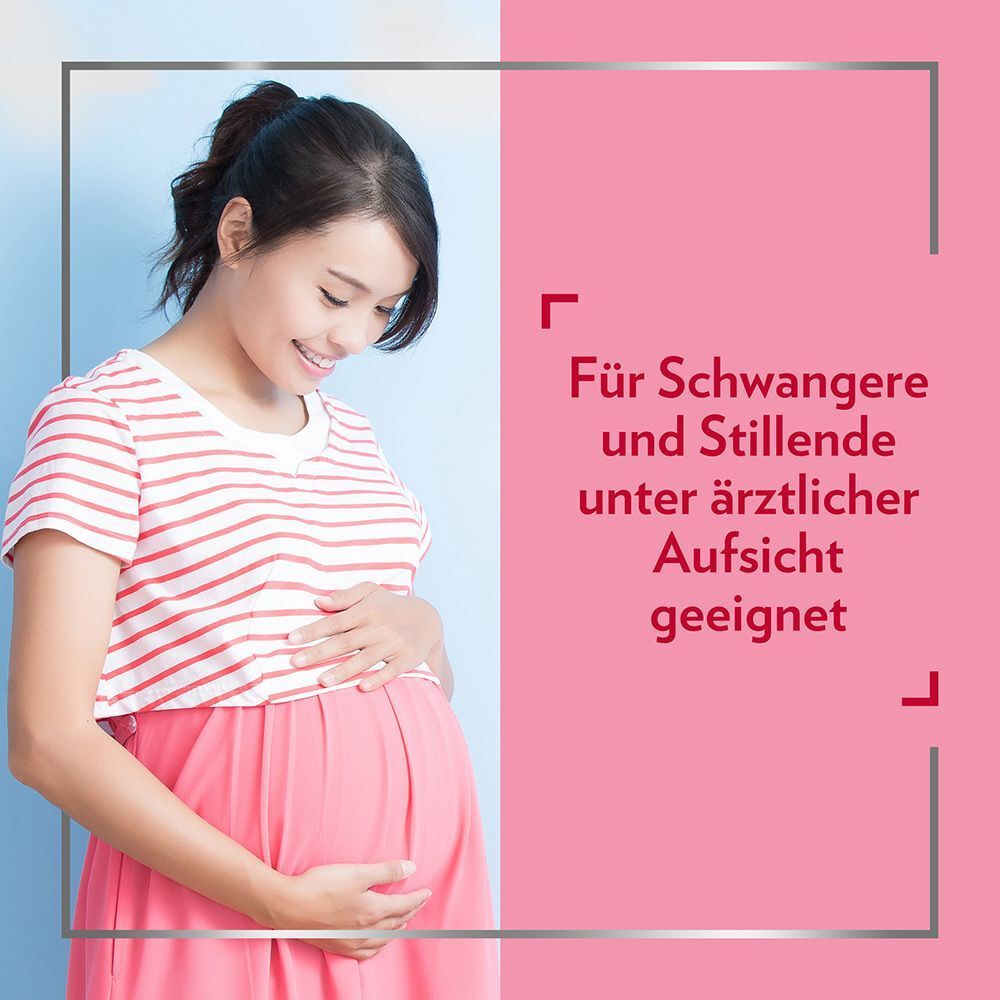 Schwangere Frau. Text: Für Schwangere und Stillende unter ärztlicher Aufsicht geeignet.