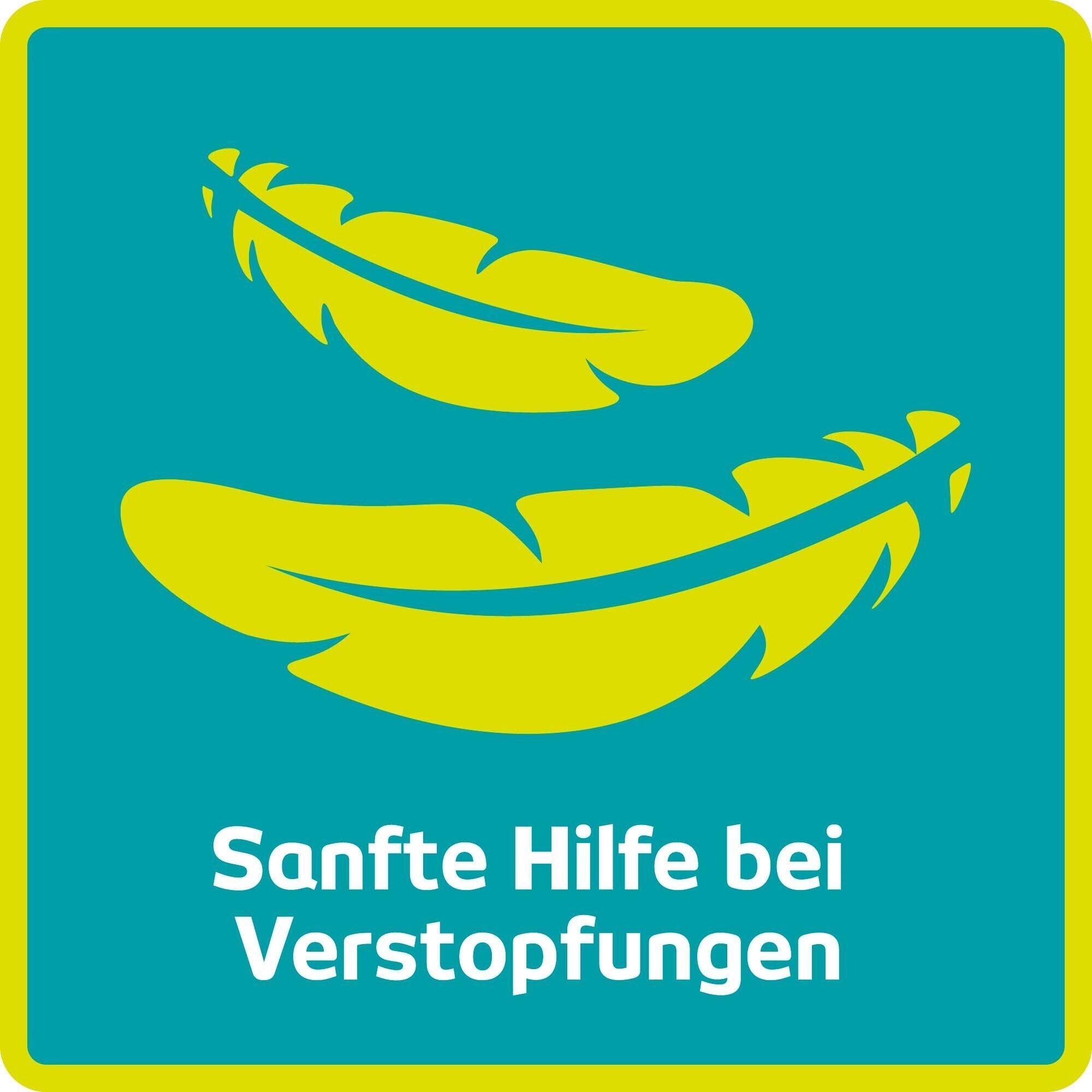 Quadratisches Icon mit gelben Federn auf blauem Grund. Text: Sanfte Hilfe bei Verstopfungen.