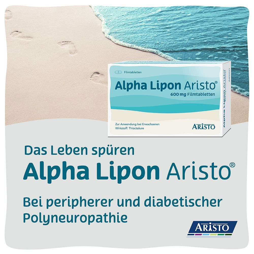 Produktverpackung Alpha Lipon Aristo 600 mg am Strand. Text: Das Leben spüren, bei Polyneuropathie.