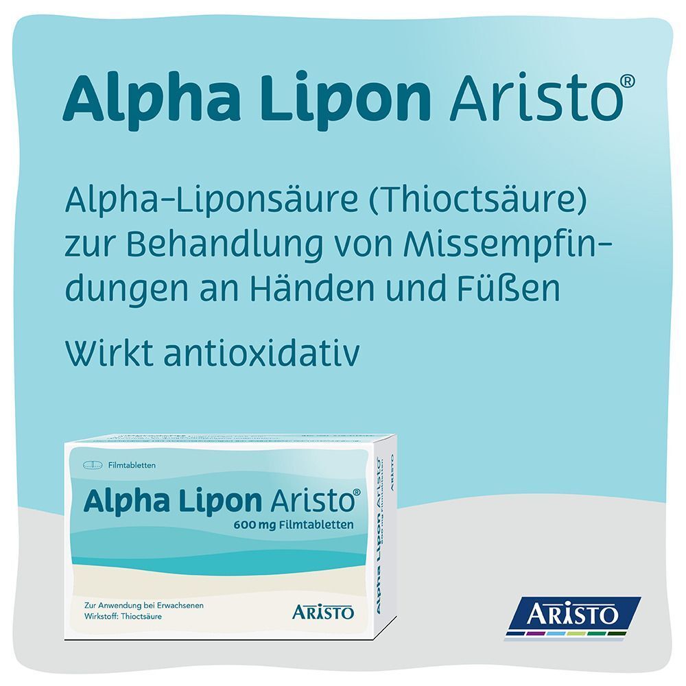 Produktverpackung Alpha Lipon Aristo 600 mg. Text: Alpha-Liponsäure zur Behandlung von Missempfindungen.